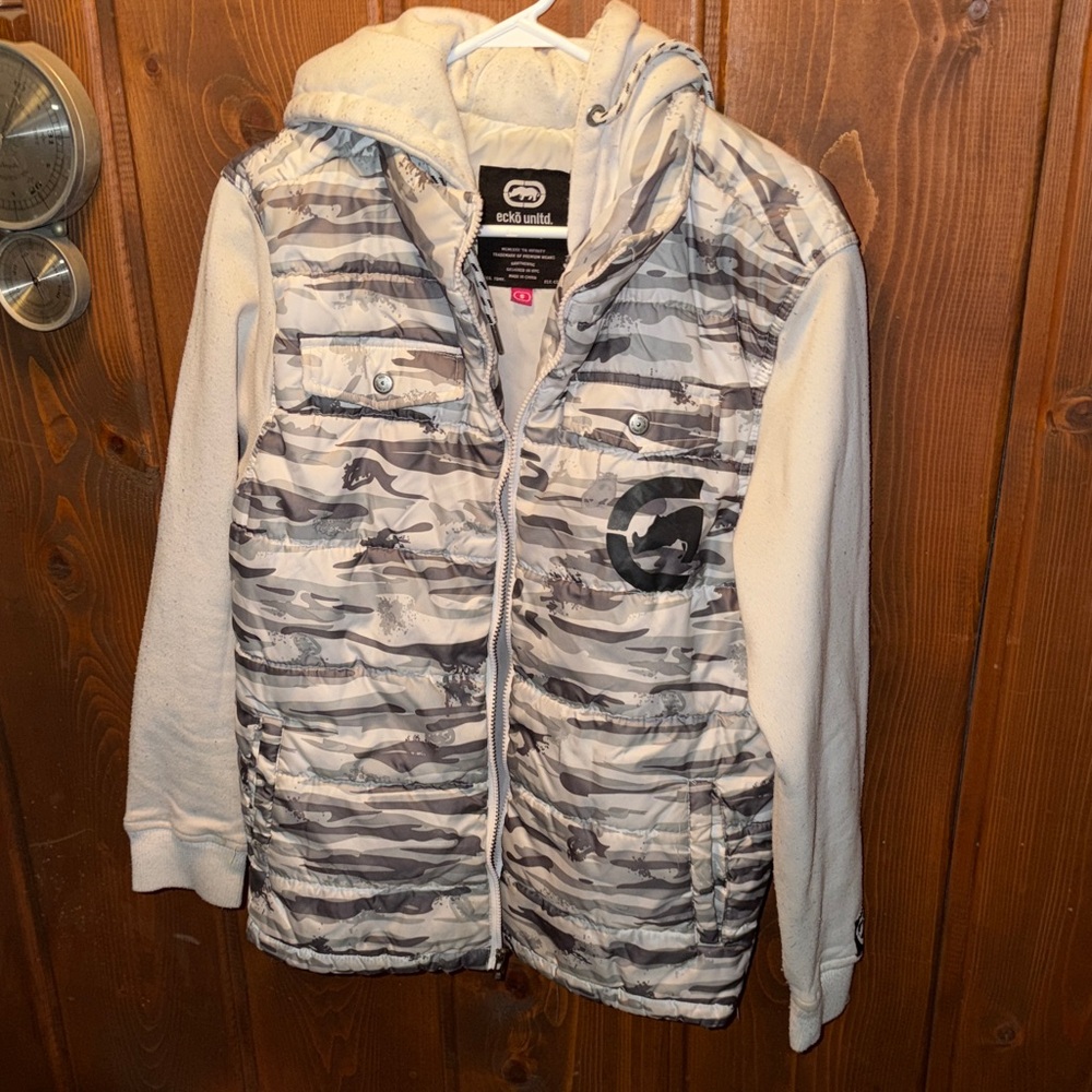 Ecko Unlimited Men S White & Gray Camo Puffer Hoodie Jacket with Fleece Sleeves